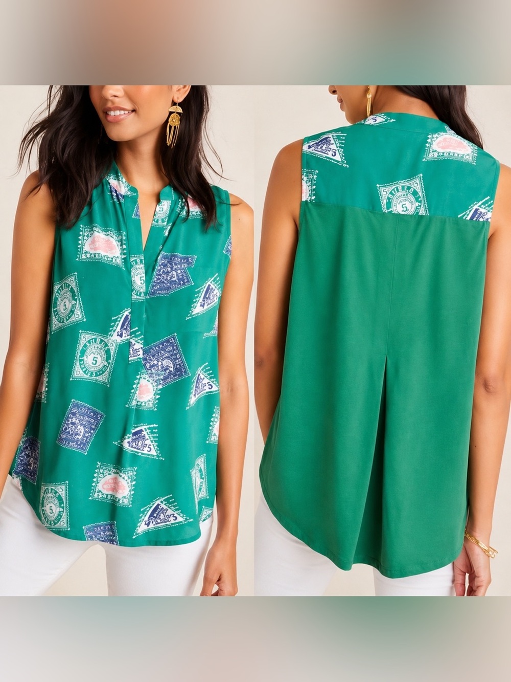 Anthropologie Porridge Getaway Stamp Green Sleeveless Blouse Size S